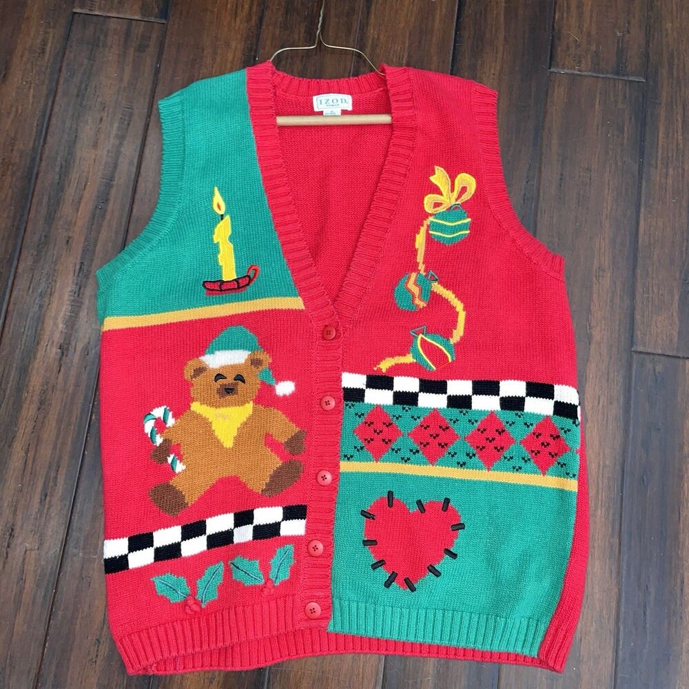 Vintage IZOD Christmas Sweater Vest Womens 1X Teddy Bear Patchwork 90s Cottage